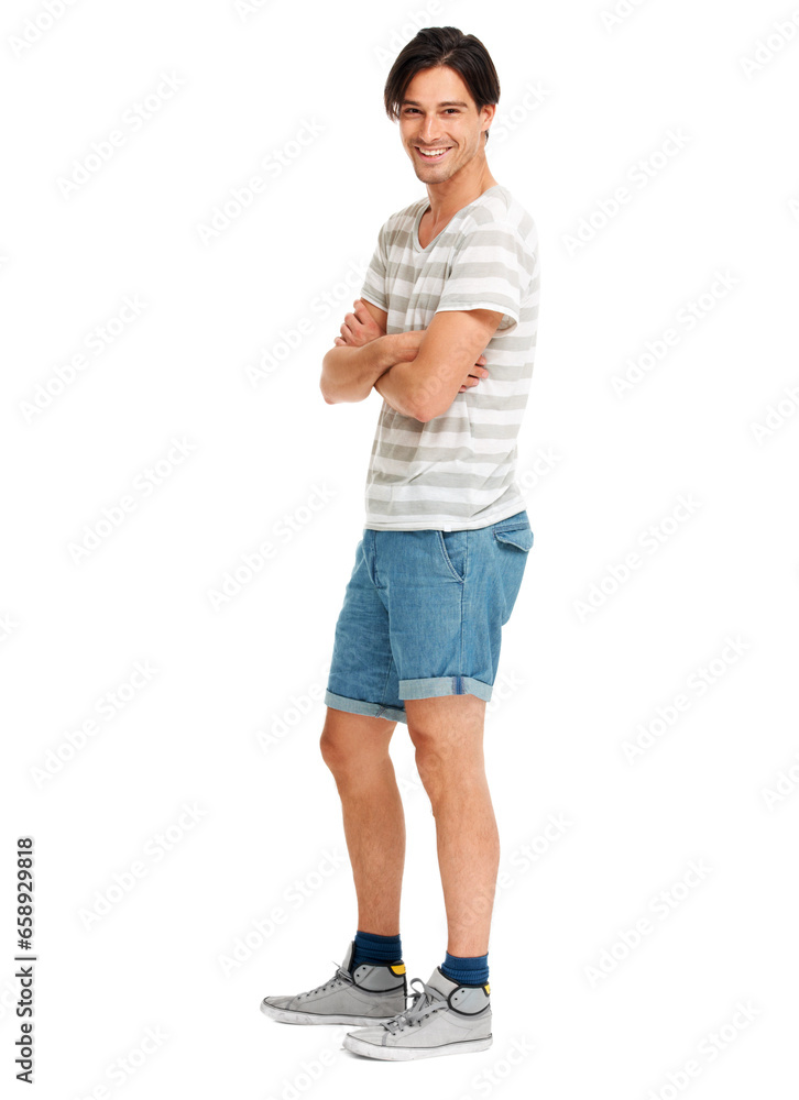 Fashion, man and portrait with arms folded in relaxed pose, edgy style and white background in studio. Young model, confident and smile with positive face, casual aesthetic and happiness in mockup