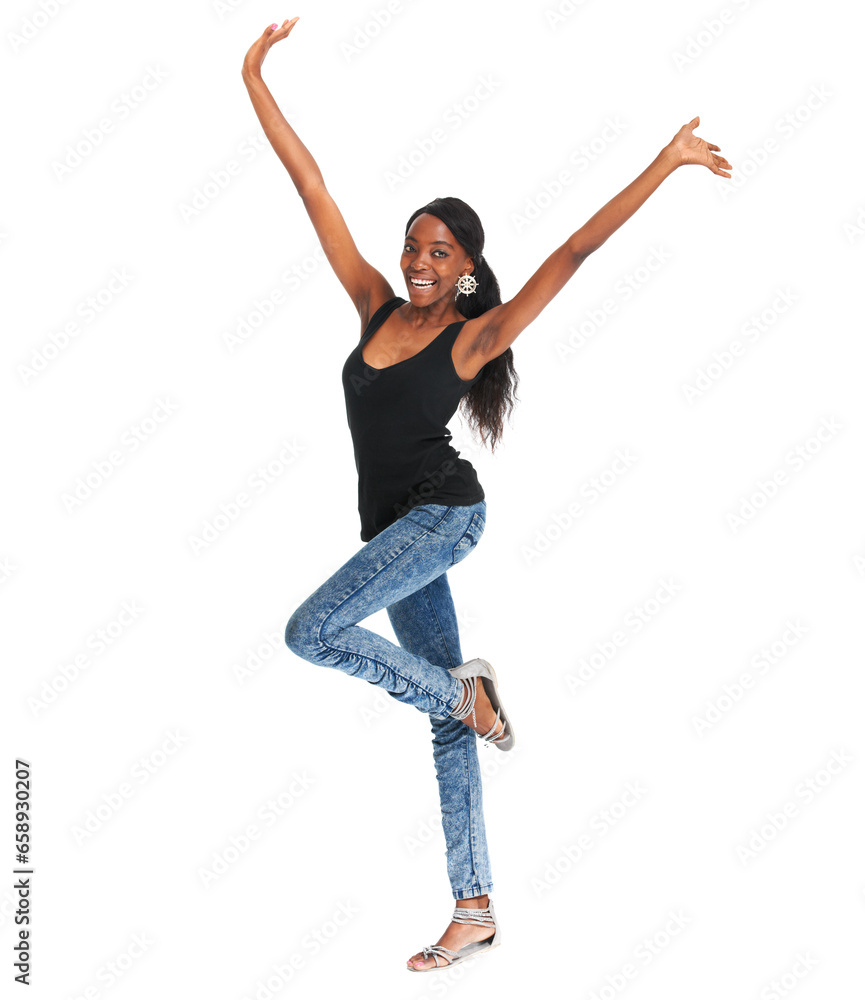 Woman, arms up and celebration in studio portrait happy winner, achievement or congratulations. African female, smile and white background mockup excited review or pride, space or emoji opportunity