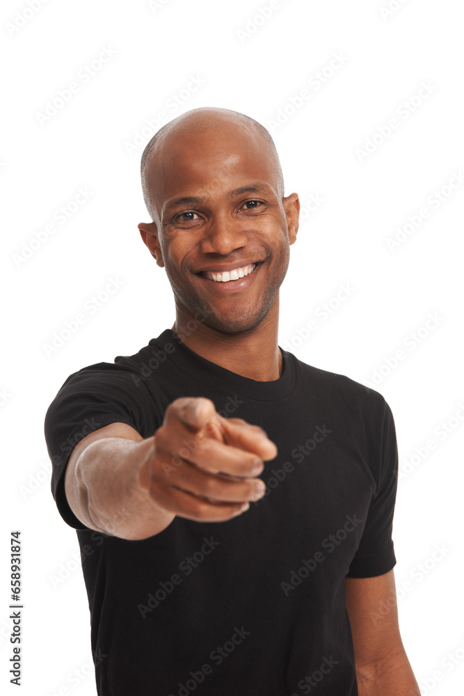 Portrait, happiness and man pointing for choice with selection and white studio background. African person, casual fashion and announcement with decision for sign up, hiring and smile by hand gesture