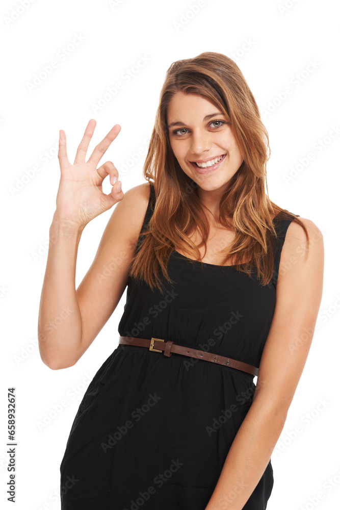 Woman, okay or portrait studio smile for review agreement, approval or positive product feedback result. Female person, happy hand gesture or emoji icon for announcement, promotion or sale news happy