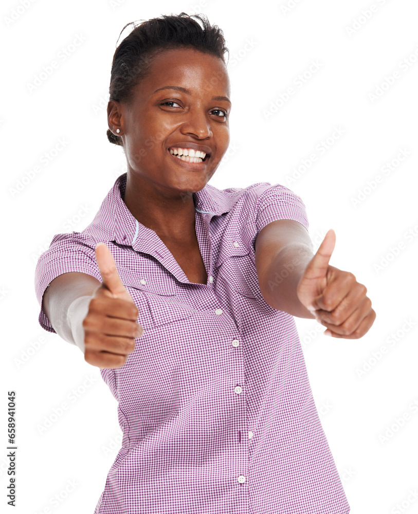 Woman, thumbs up and portrait smile in studio for advertising product or thank you marketing, happiness or review. African female, portrait or emoji yes hand agreement for branding, winner or vote ok