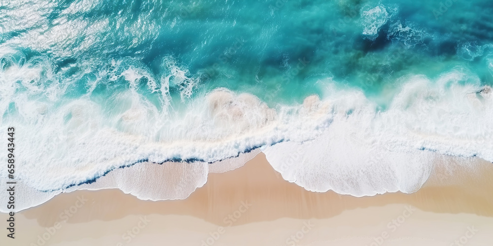 Top view oncoast with ocean waves. Blue water background. Summer seascape from air. Generative AI