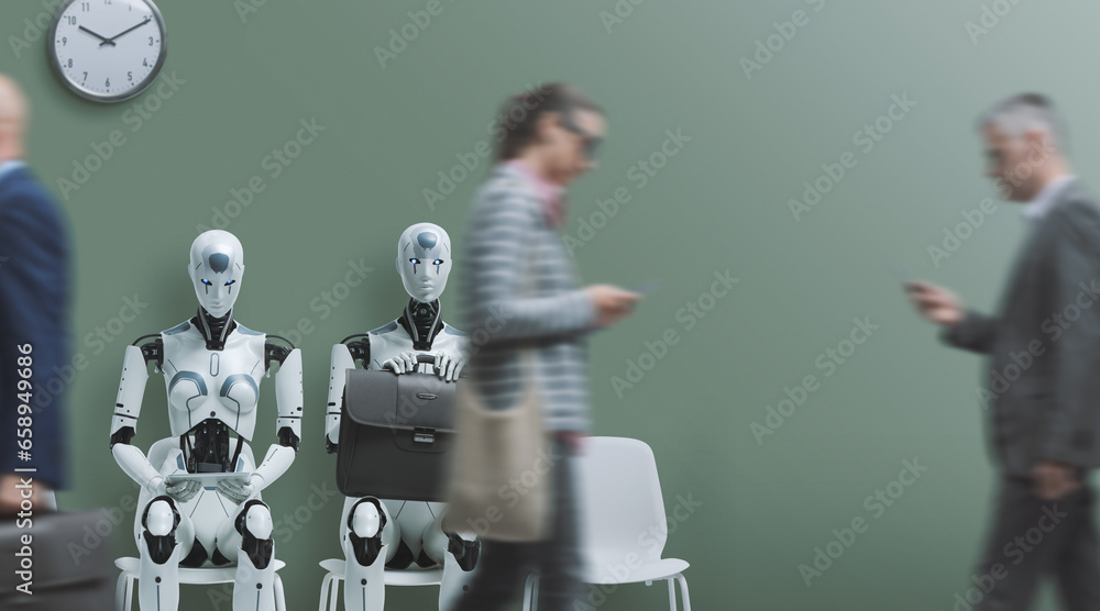 Business people and humanoid robot waiting for a job interview