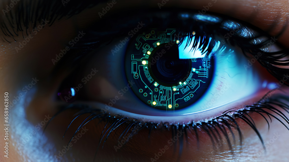 Female android robot eye close up. Digital iris of cyber woman. Bionic technology concept. Generative AI