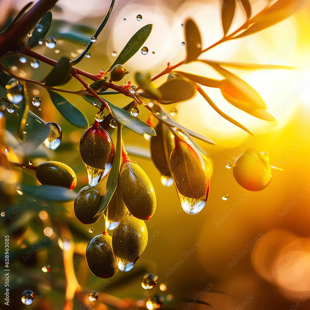 Closeup of olives with dew drops on the branch of olive tree on the sunset. Generative AI