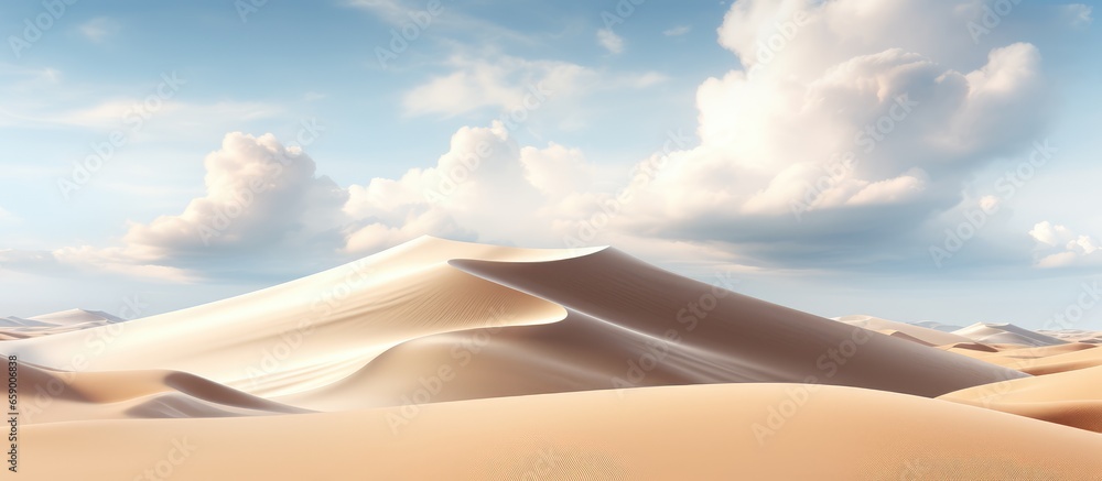 Abstract panoramic landscape featuring desert sand dunes and white clouds in a