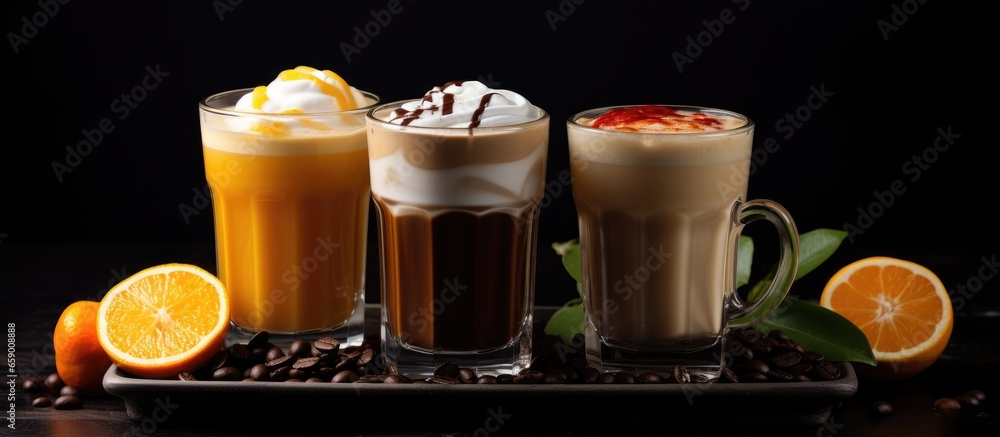 Assorted beverages on dark background