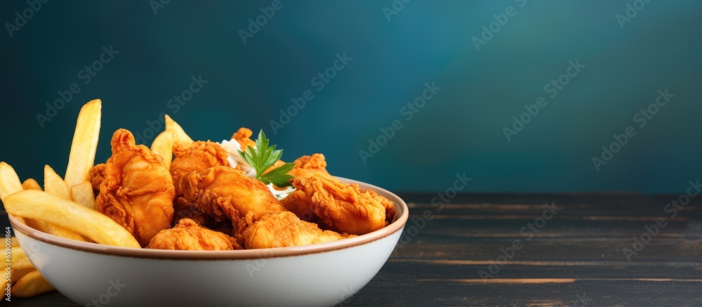 Bird s eye view of fried mock chicken strips in a bowl on a blue table