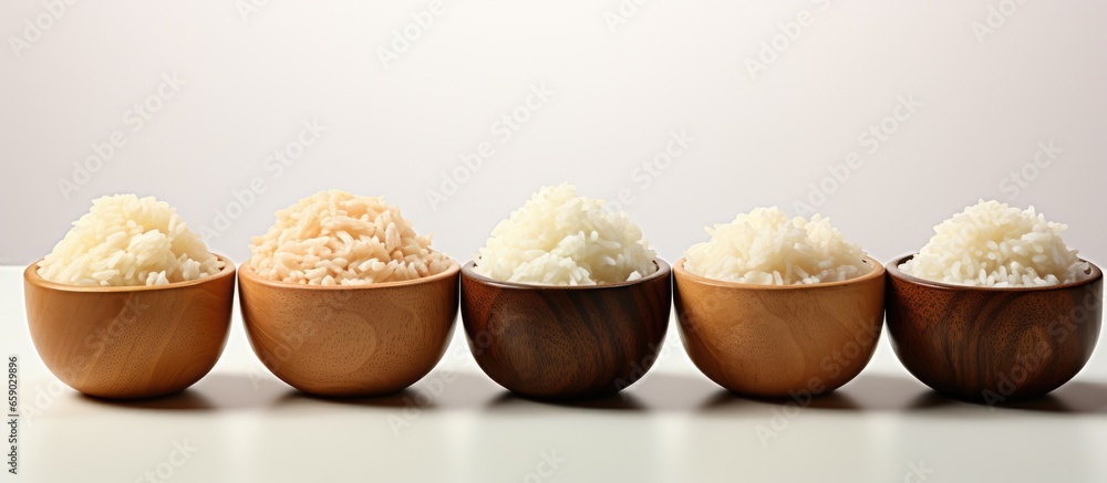 Uncooked rice bowls on white background with text sample