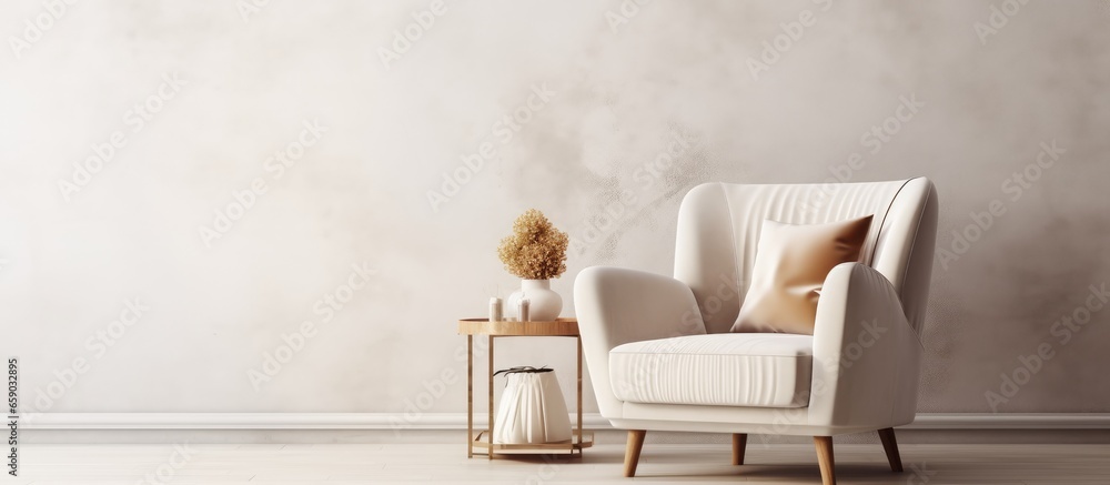 Classic art deco style armchair and decor in white apartment living room with white wall backdrop