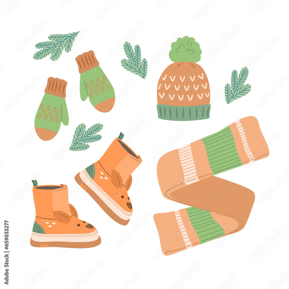 Set of winter warm clothes for children for active games in nature. Knitted hat with pom pom, mittens with jacquard pattern, scarf, fur boots with bambi face. Vector illustration in flat style.