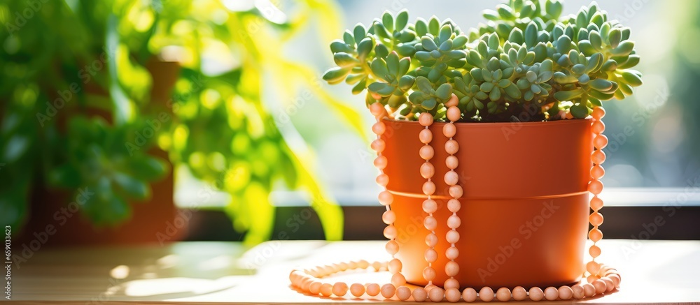 Closeup of a String of Pearls houseplant in a terracotta pot at home basking in sunlight Various succulents found in Africa Passion for plants