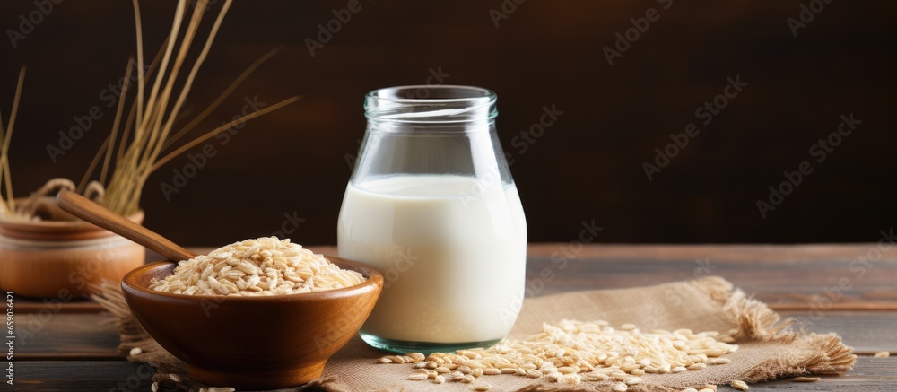 Barley milk in a bottle on a wooden plank Barley grains in a bowl with a spoon Brick background