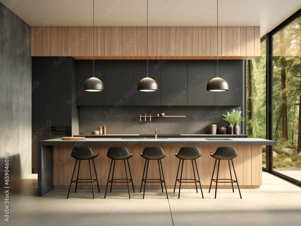 Interior of modern kitchen with gray and wooden walls, concrete floor, gray countertops and bar with stools. Generative AI