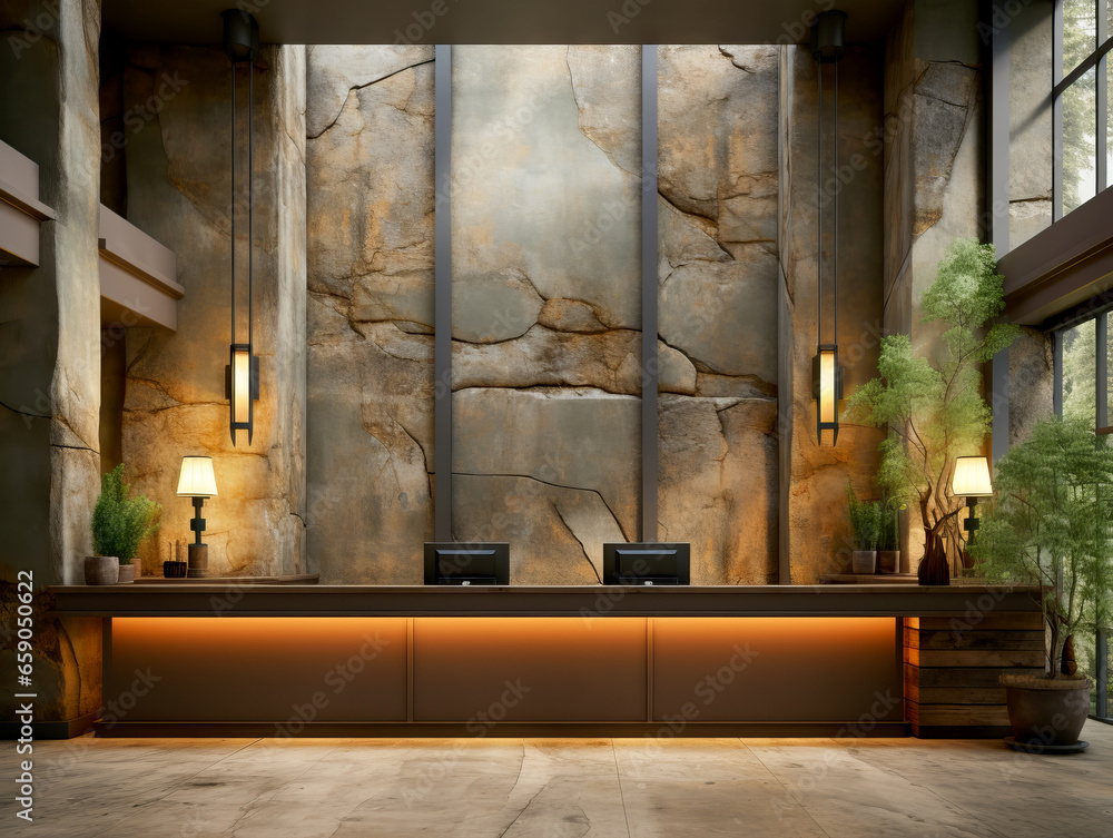 Interior of a hotel lobby with marble walls and a reception desk. Generative AI