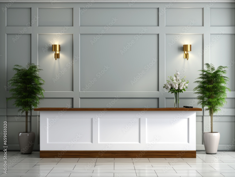 White reception desk in classic interior with green plant. Generative AI