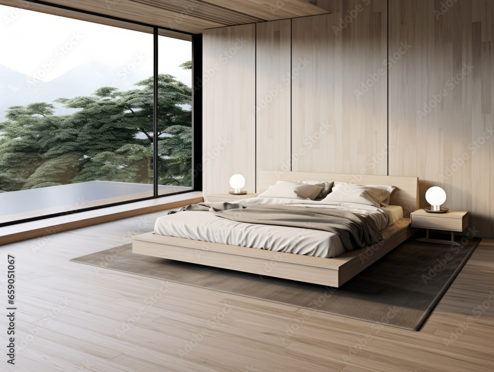 Interior of modern bedroom with wooden walls, wooden floor, comfortable king size bed and panoramic window. Generative AI