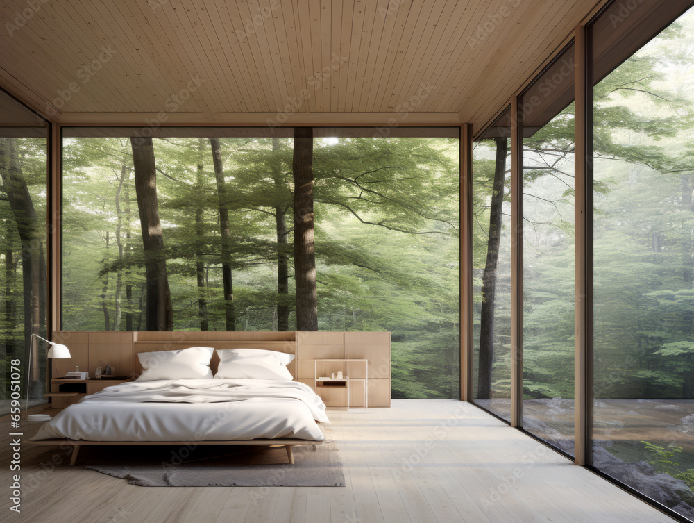 Interior of modern bedroom with panoramic window and wooden floor. Generative AI