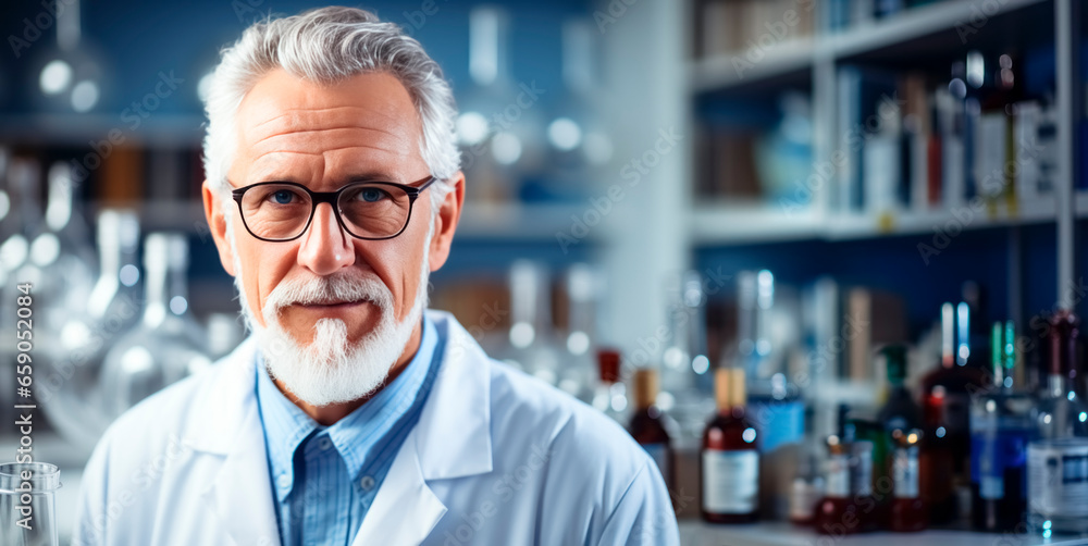 Portrait of a senior male scientist working in a chemical laboratory. Generative AI