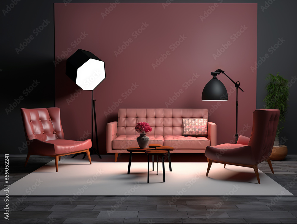 interior with red sofa and armchairs. Generative AI