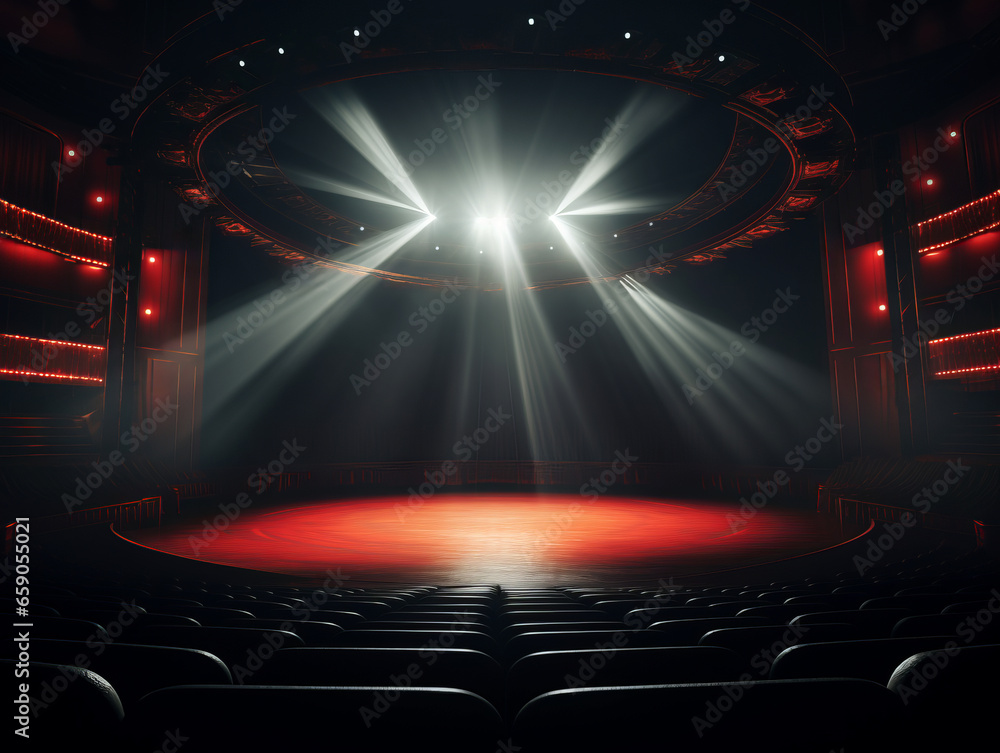 Theater stage with red seats and spotlights. Generative AI