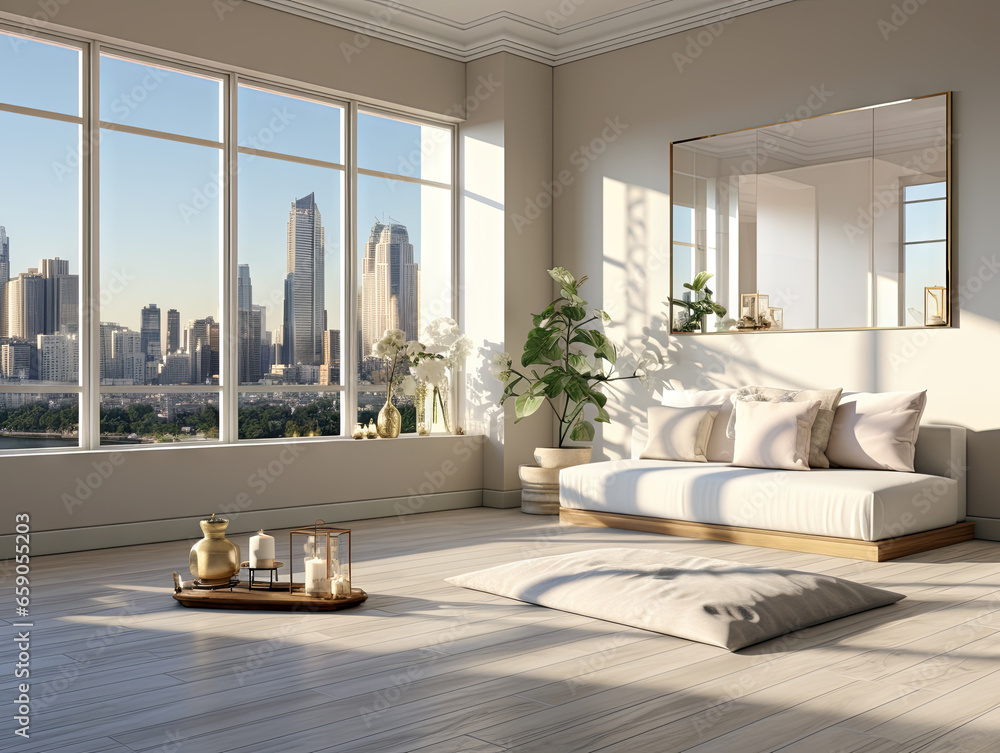 Luxury yoga room interior with a large window overlooking the city. Generative AI