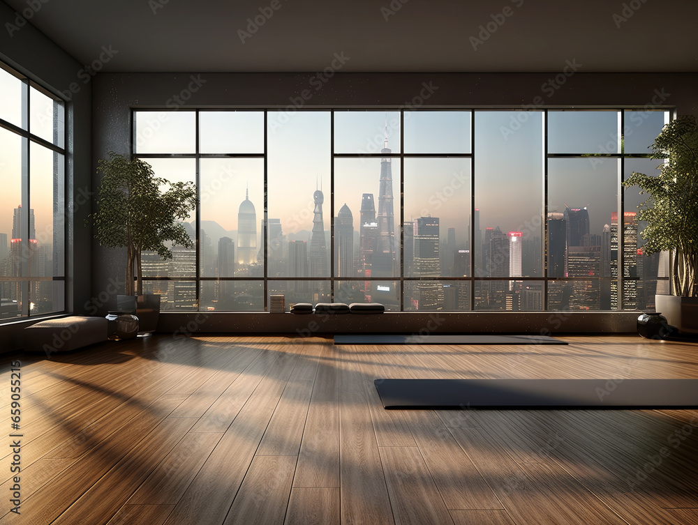 Interior of modern living room with panoramic city view. Generative AI