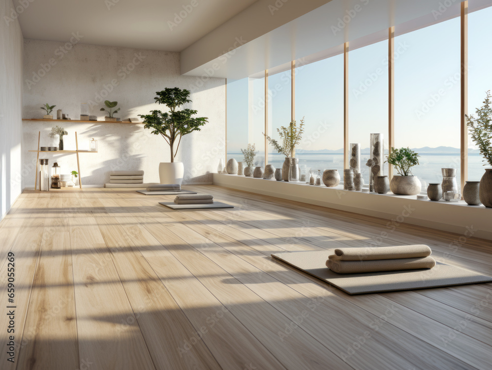 Interior of modern yoga studio with white walls, wooden floor and large windows. Generative AI