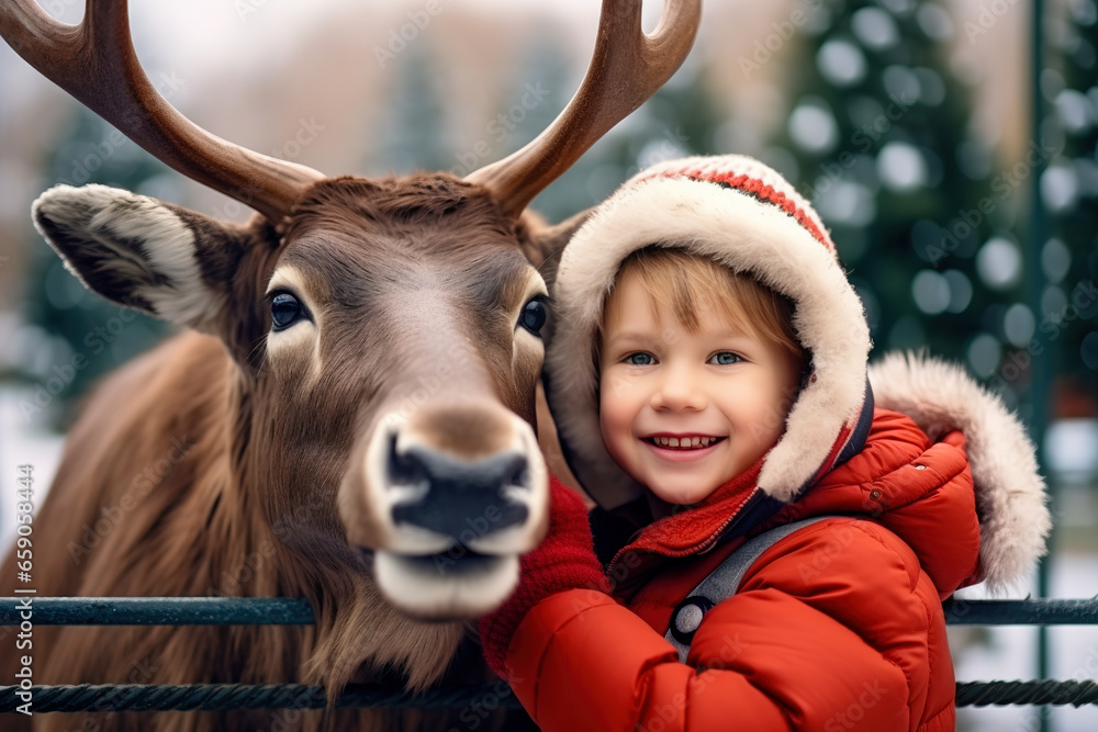 A little boy hugs a small reindeeron