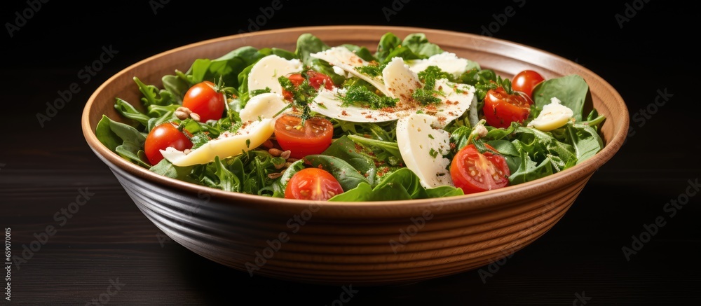 Spinach cherry tomatoes and cheese served on a plate