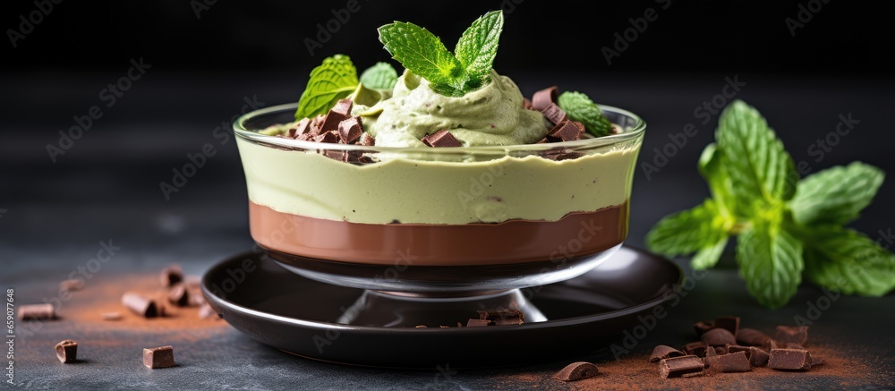 Vegan chocolate dessert with avocado mousse chocolate and mint focused