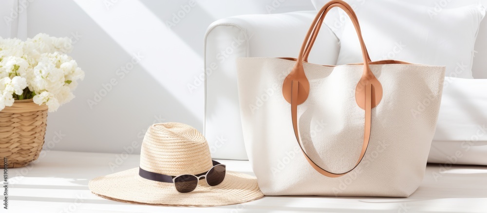 Women s summer beach fashion accessories for travel and vacation featured on a white lounge couch with pillows including stylish sunglasses a straw hat and a shopper bag Showcased on fashion