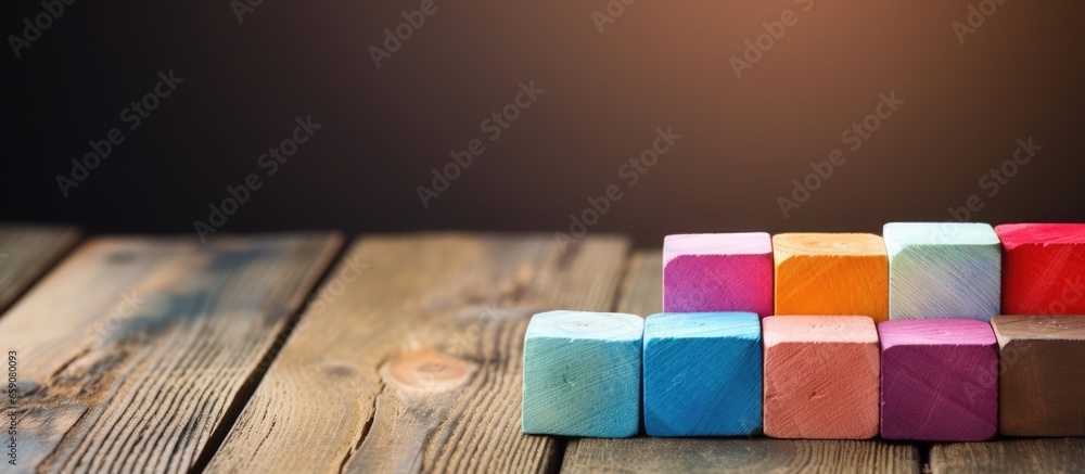 Diverse wooden blocks arranged diagonally on vintage table Ample space Blurred background