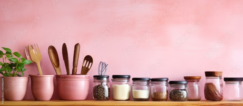 Empty kitchen containers alongside wooden utensils on pink marble countertop