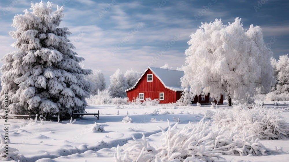 A snowy landscape with a red barn and a decorated evergreen tree