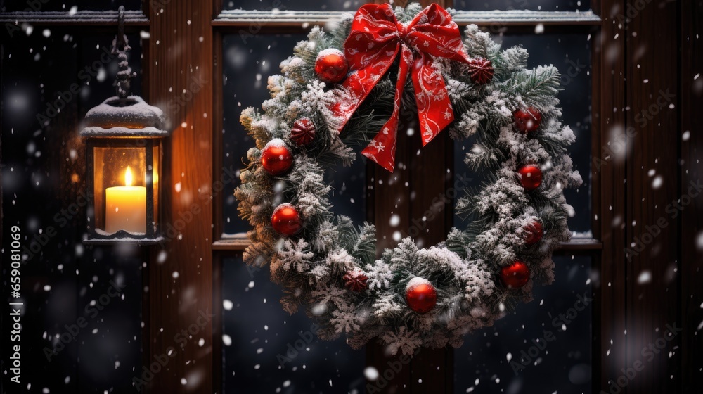 A festive wreath hanging on a wooden door, surrounded by falling snowflakes