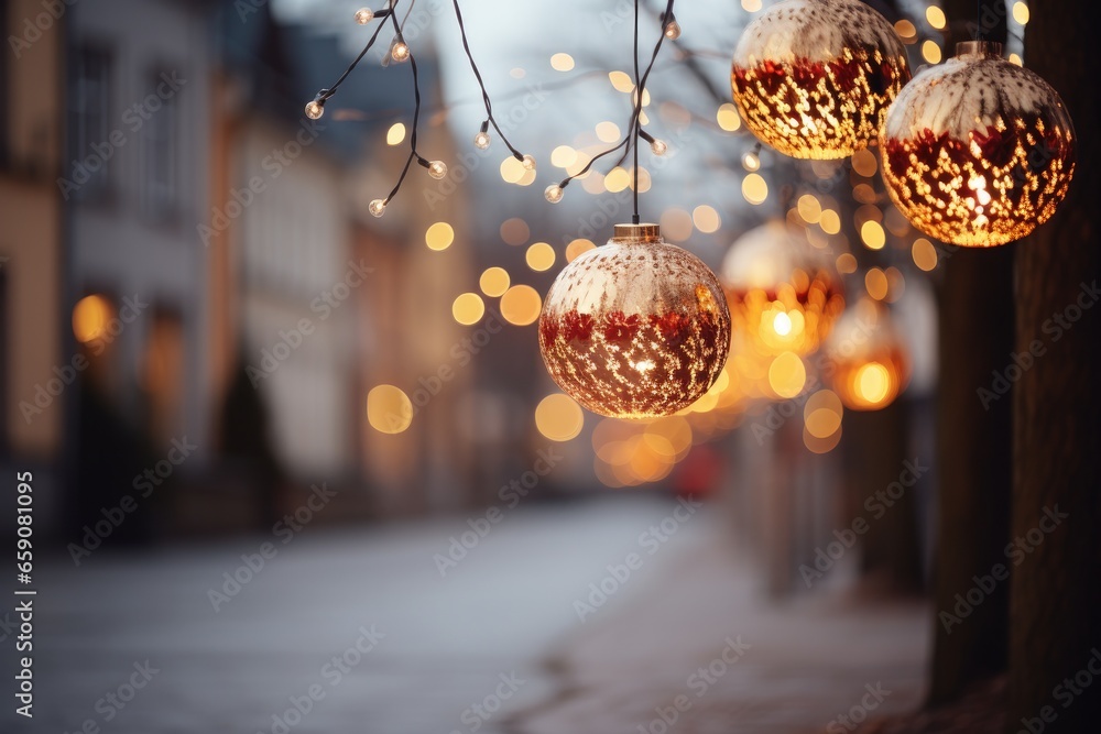 Golden Christmas lights illuminating a city street.