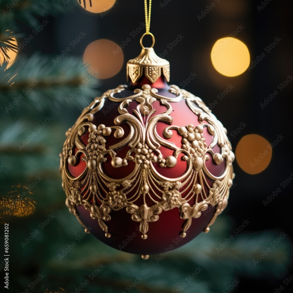 Close-up of a red and gold Christmas ornament on a tree