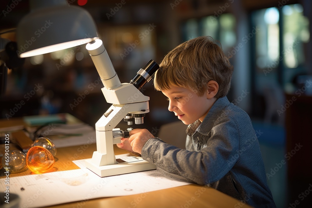 Child using a microscope in a science lab