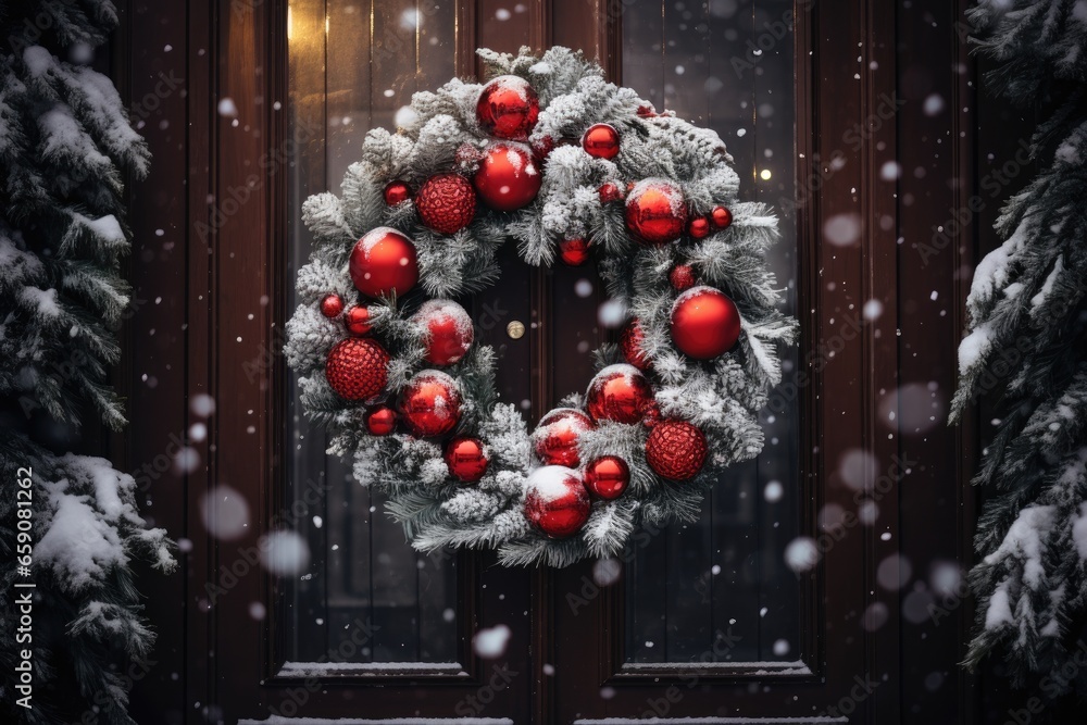 A festive wreath hanging on a wooden door, surrounded by falling snowflakes