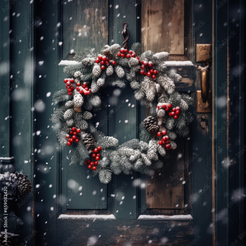 A festive wreath hanging on a wooden door, surrounded by falling snowflakes