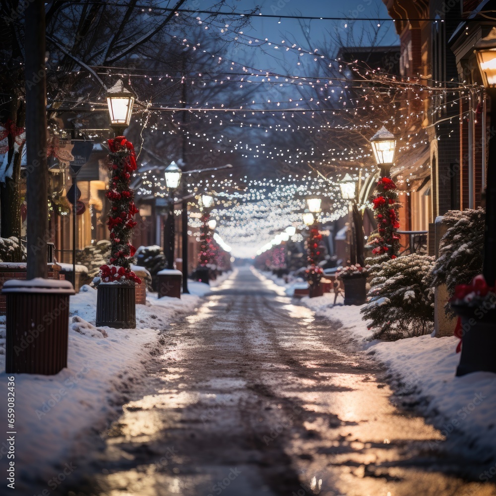 Festive lights and decorations on a snowy street.