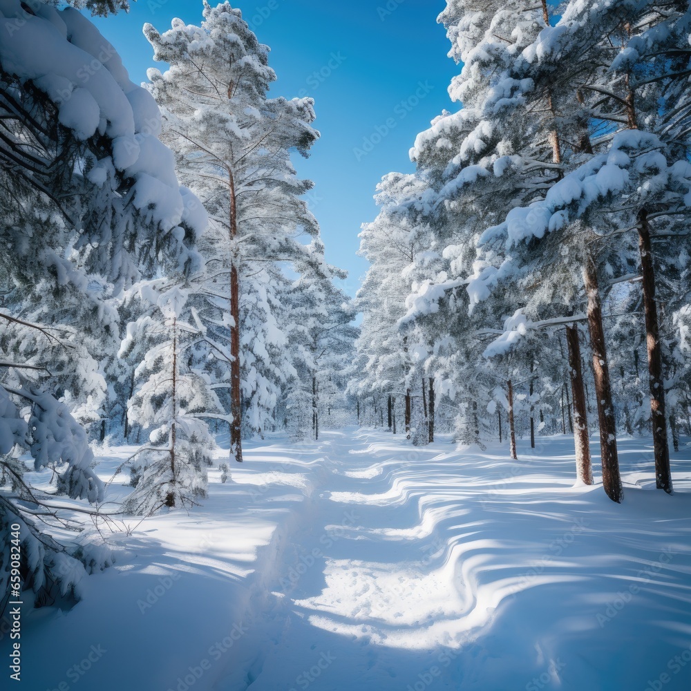 Snow-covered pine trees in a winter wonderland.