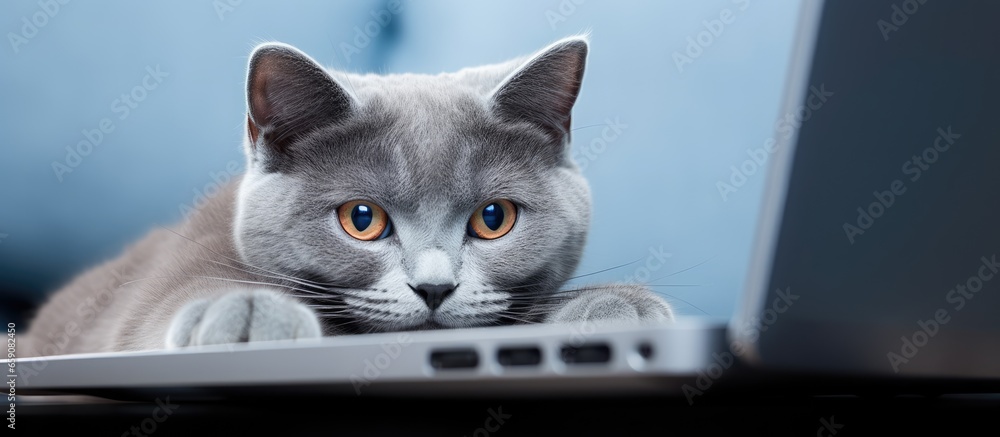 Adorable gray kitten with blue eyes resting on laptop in a home interior on a gray background