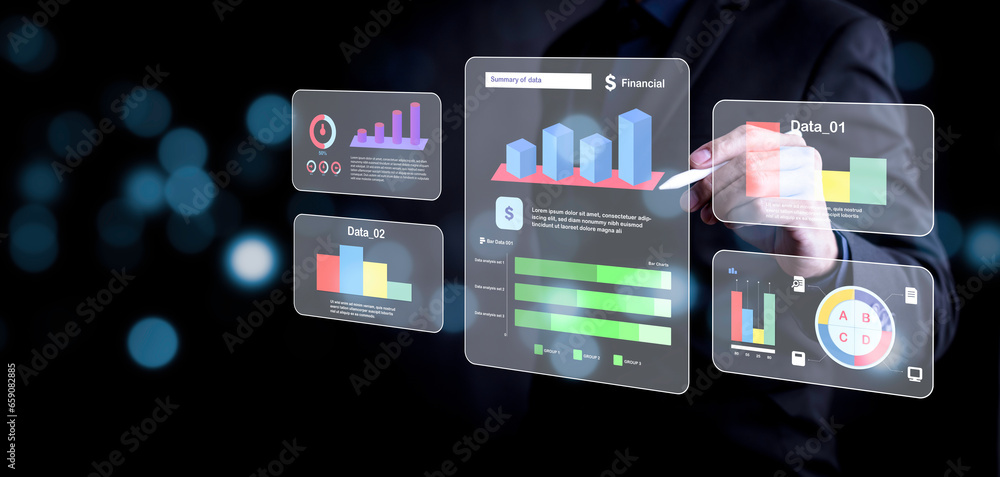 Businessman using a laptop with Analytics and Data Management Systems  Analyst working in Business Analytics and Data Management Systems to make reports and corporate strategy for finance, operations