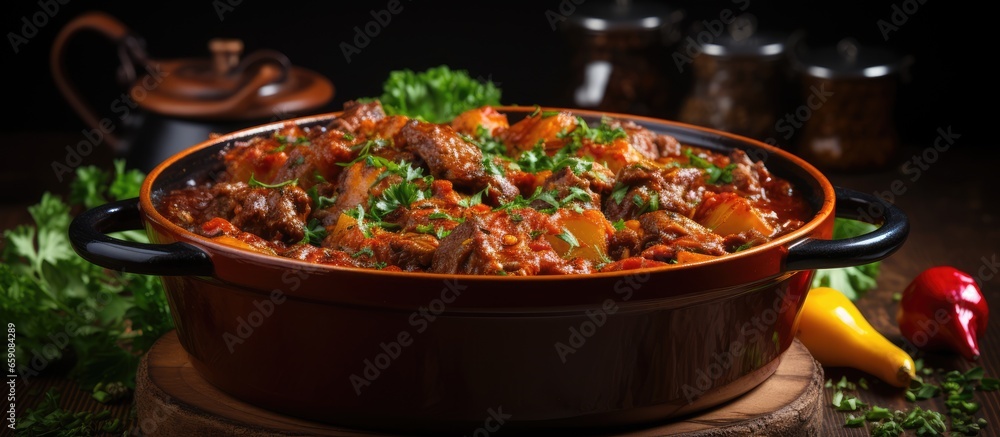 Hearty goulash casserole with savory gravy meat and veggies in a metal pot