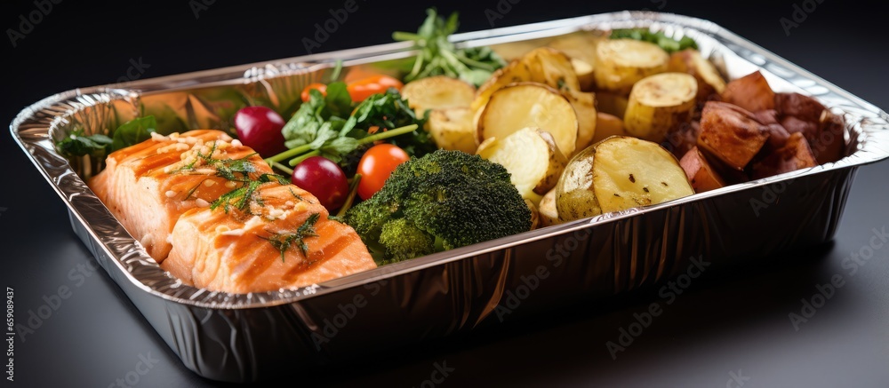 Weight loss meal delivery in foil packaging emphasizing healthy food and diet