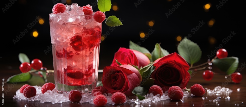 Valentine s day cocktail with roses and hearts on a festive background