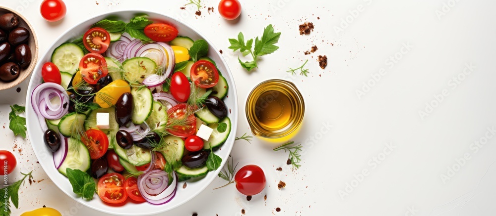 Healthy Greek salad with cucumber tomato sweet pepper lettuce red onion feta cheese olives and olive oil on white background