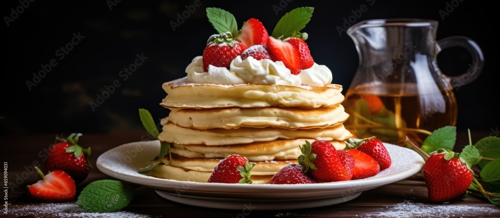 A snapshot of pancakes with toppings coffee in the background showcasing English traditions and food